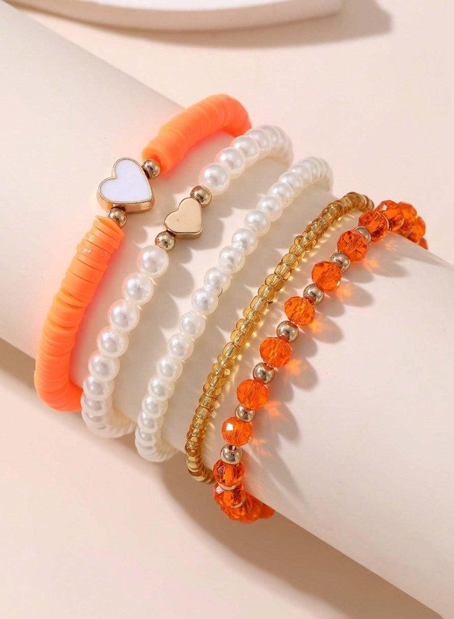 Pingyongchang Bohemian Heart Imitation Pearl Stretch Bracelets for Women Cute Handmade Clay Bead Adjustable Stackable Friendship Bracelet Holiday Vacation Beach Jewelry Gift-Orange - Image 2