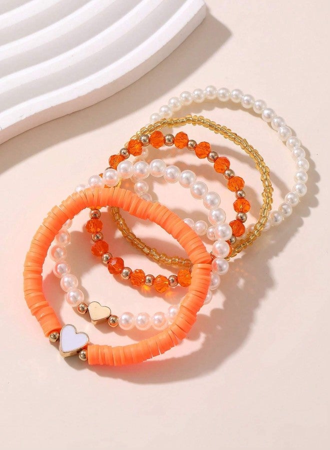 Pingyongchang Bohemian Heart Imitation Pearl Stretch Bracelets for Women Cute Handmade Clay Bead Adjustable Stackable Friendship Bracelet Holiday Vacation Beach Jewelry Gift-Orange - Image 3