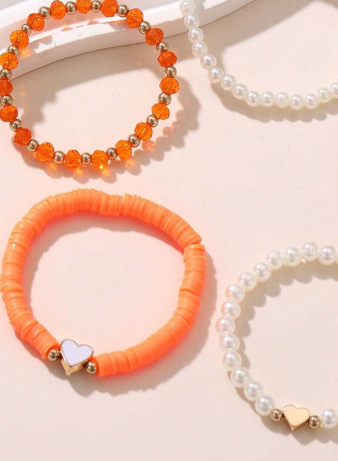Pingyongchang Bohemian Heart Imitation Pearl Stretch Bracelets for Women Cute Handmade Clay Bead Adjustable Stackable Friendship Bracelet Holiday Vacation Beach Jewelry Gift-Orange - Image 5