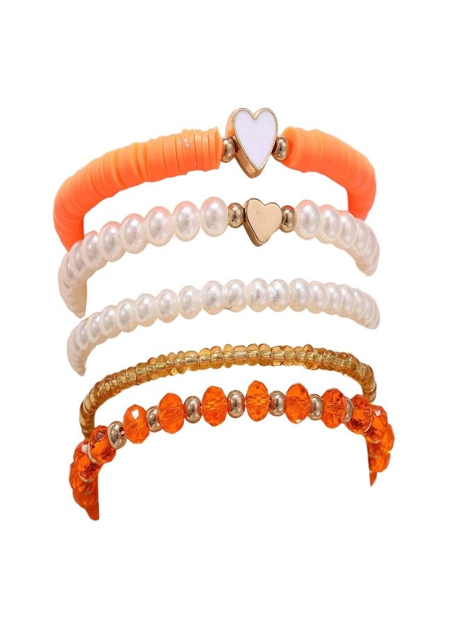 Pingyongchang Bohemian Heart Imitation Pearl Stretch Bracelets for Women Cute Handmade Clay Bead Adjustable Stackable Friendship Bracelet Holiday Vacation Beach Jewelry Gift-Orange - Image 1