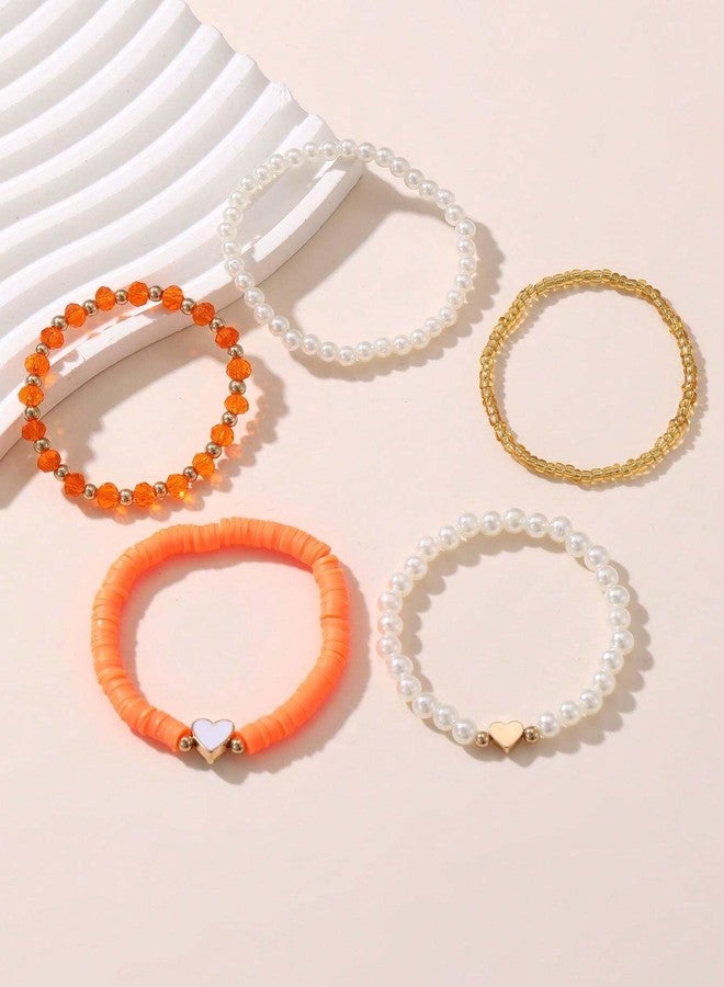 Pingyongchang Bohemian Heart Imitation Pearl Stretch Bracelets for Women Cute Handmade Clay Bead Adjustable Stackable Friendship Bracelet Holiday Vacation Beach Jewelry Gift-Orange - Image 4