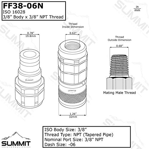 Summit Hydraulics 3/8" Flat Face Hydraulic Quick Connect Coupler Set w/Dust Caps, 3/8" NPT Thread - Image 2