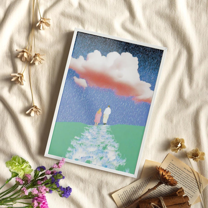 TNESSENTIAL Abstract Couple Under Pink Cloud Wall Art Poster or Canvas Print, Whimsical Rainy Day Landscape, Romantic Stormy Sky Country Print Decor - Image 1