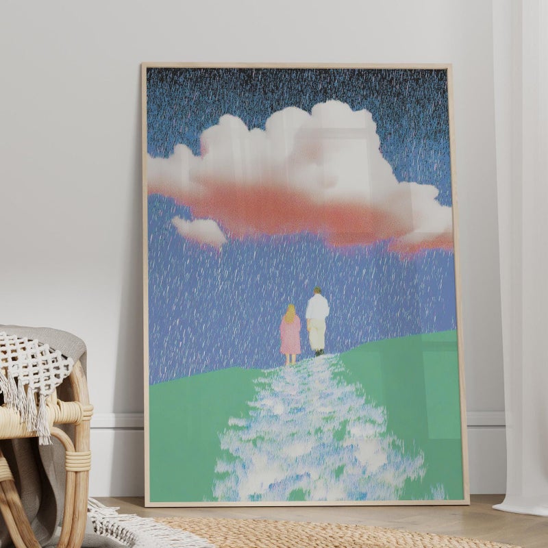 TNESSENTIAL Abstract Couple Under Pink Cloud Wall Art Poster or Canvas Print, Whimsical Rainy Day Landscape, Romantic Stormy Sky Country Print Decor - Image 3