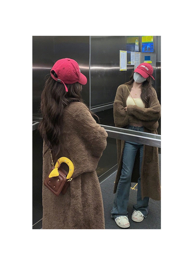 Generic Soft Idle Style Mink Sweater Long Cardigan Womens Mid-Length Loose Fit Outerwear Knit Jacket Medium-Length V-Neck Pullover Brown good quality 
