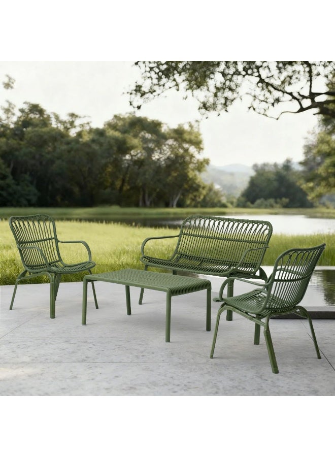 ماركولو طقم جلوس خارجي لـ4 أشخاص – مقاعد مصنوعة من بلاستيك مدعّم بالألياف الزجاجية، إطار متين وعصري، يشمل كرسيين وأريكة مزدوجة وطاولة قهوة – طقم فناء مقاوم للعوامل الجوية والأشعة فوق البنفسجية (أخضر زيتوني) - Image 1