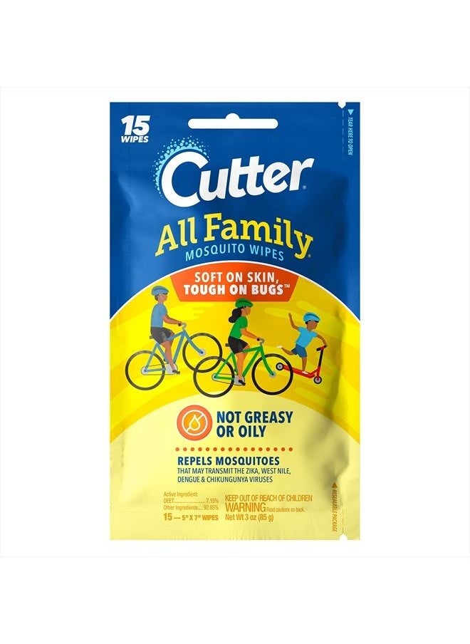 Cutter All Family Mosquito Wipes, Insect Repellent, Repel Mosquitoes, Ticks, Gnats, Fleas & More, 7% DEET 15 Count  - Image 1