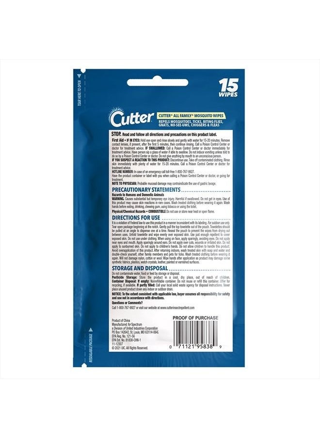 Cutter All Family Mosquito Wipes, Insect Repellent, Repel Mosquitoes, Ticks, Gnats, Fleas & More, 7% DEET 15 Count  - Image 2