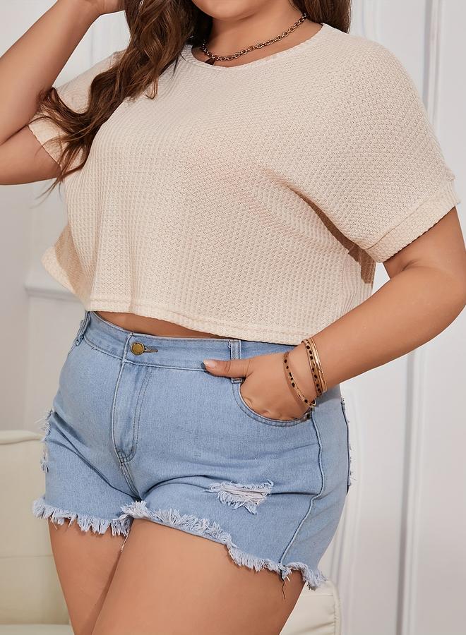 Take Two Plus Size Beige Waffle Knit Short Sleeve T-Shirt - Image 4