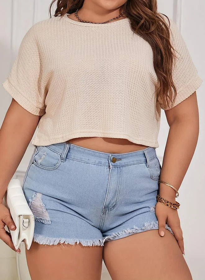 Take Two Plus Size Beige Waffle Knit Short Sleeve T-Shirt