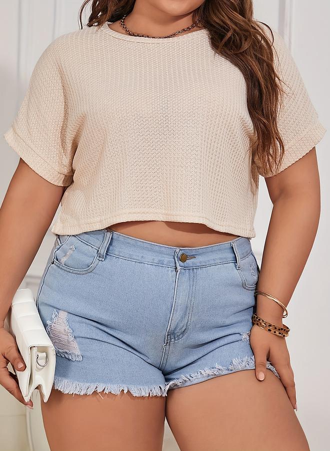 Take Two Plus Size Beige Waffle Knit Short Sleeve T-Shirt - Image 1