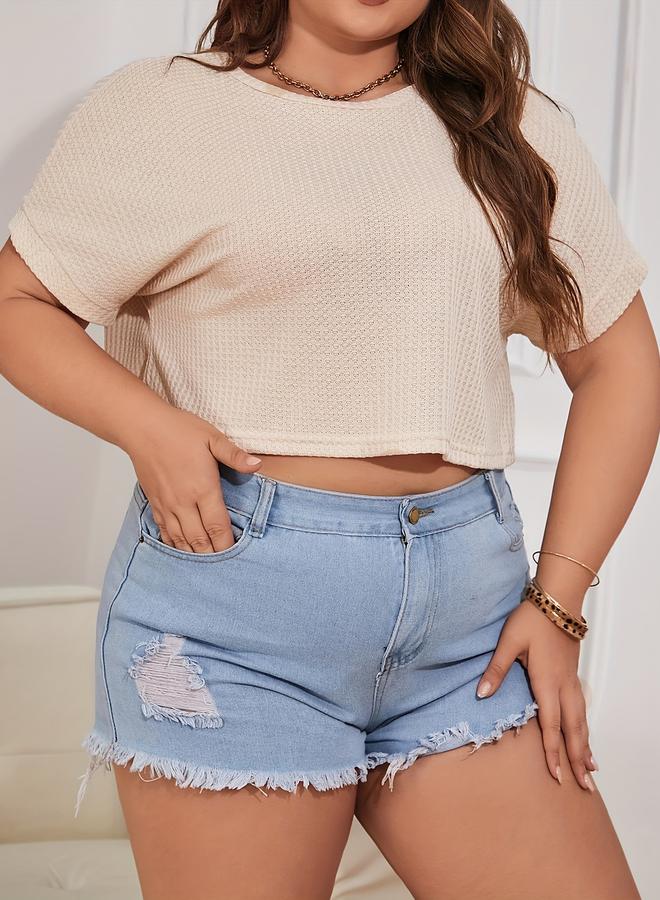 Take Two Plus Size Beige Waffle Knit Short Sleeve T-Shirt - Image 3