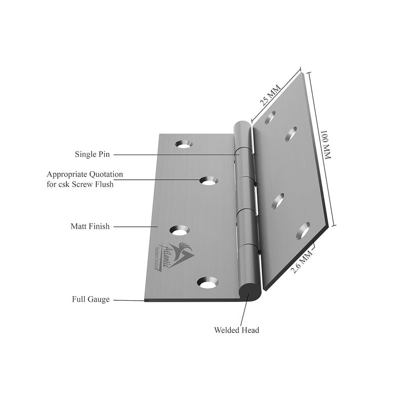 Atlantic Atlantic Window Door Hinges 4 Inch x 12 Gauge25 MM Thickness Home Office Hotel for Main Window Door Bedroom Kitchen Bathroom Premium Stainless Steel Welded Head Matt Finish Pack of 24 Pcs  - Image 4