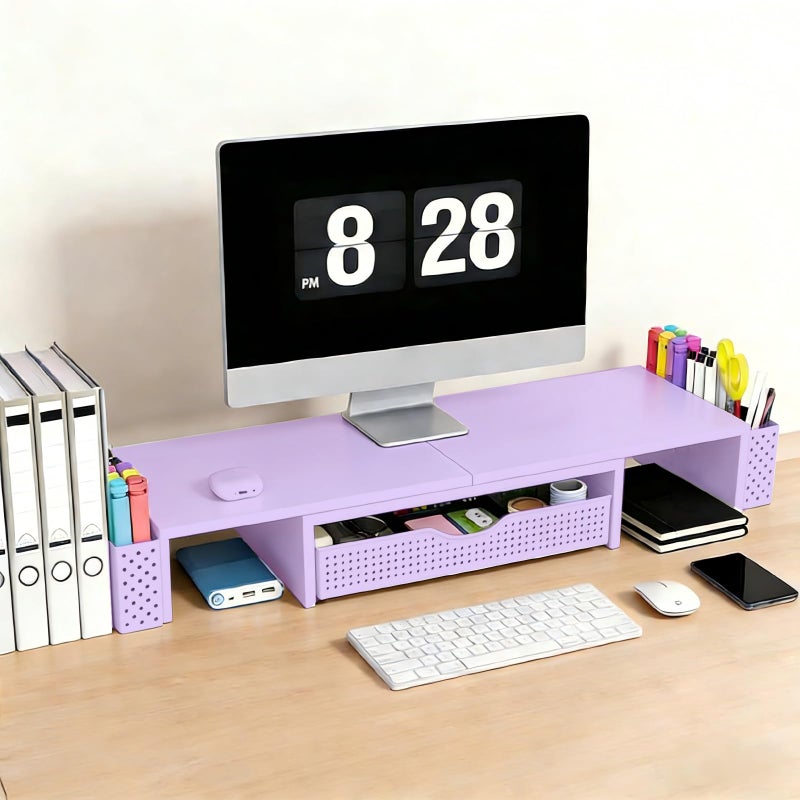 Spacrea Metal Desk Organizers and Accessories, Dual Monitor Stand Riser with Drawer and 2 Pen Holders, Desk Accessories & Workspace Desktop Organizers for Office Supplies (Purple) - Image 2