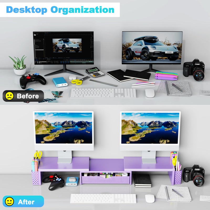 Spacrea Metal Desk Organizers and Accessories, Dual Monitor Stand Riser with Drawer and 2 Pen Holders, Desk Accessories & Workspace Desktop Organizers for Office Supplies (Purple) - Image 3