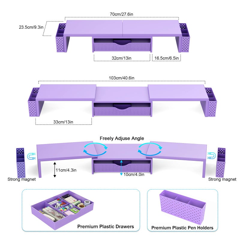 Spacrea Metal Desk Organizers and Accessories, Dual Monitor Stand Riser with Drawer and 2 Pen Holders, Desk Accessories & Workspace Desktop Organizers for Office Supplies (Purple) - Image 5