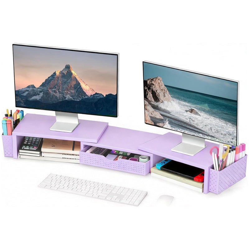 Spacrea Metal Desk Organizers and Accessories, Dual Monitor Stand Riser with Drawer and 2 Pen Holders, Desk Accessories & Workspace Desktop Organizers for Office Supplies (Purple) - Image 1