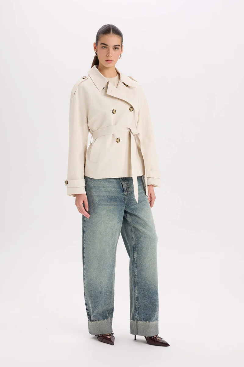 ديفاكتو Buttoned Pocket Epaulette Belted Waterproof Short Trench Coat