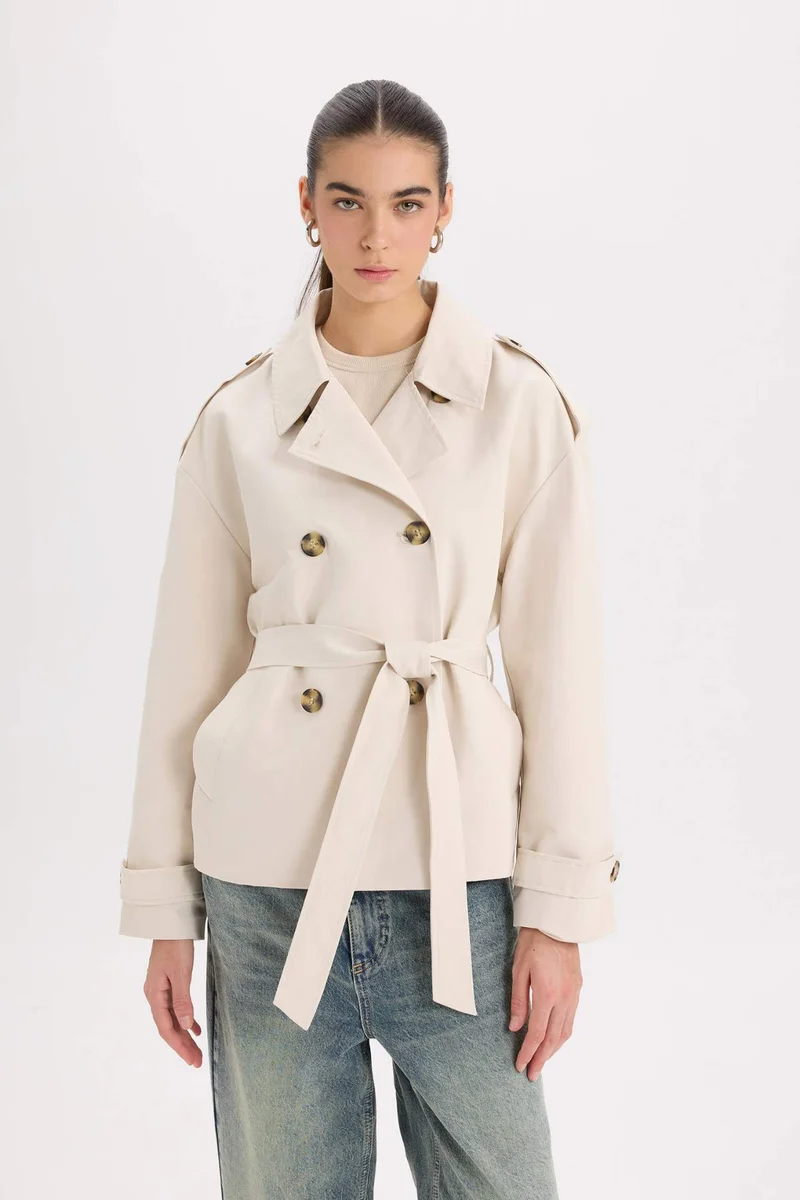 ديفاكتو Buttoned Pocket Epaulette Belted Waterproof Short Trench Coat