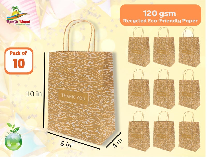 RanGit Bhumi Thank You Gift Bags- 10pcs Brown Paper Bags with Handles (Small), Return Gift Bags, Party Favor Paper Carry Bags for Gifting, Durable Gift Covers (Small-Brown TY, Pack of 10) - Image 2