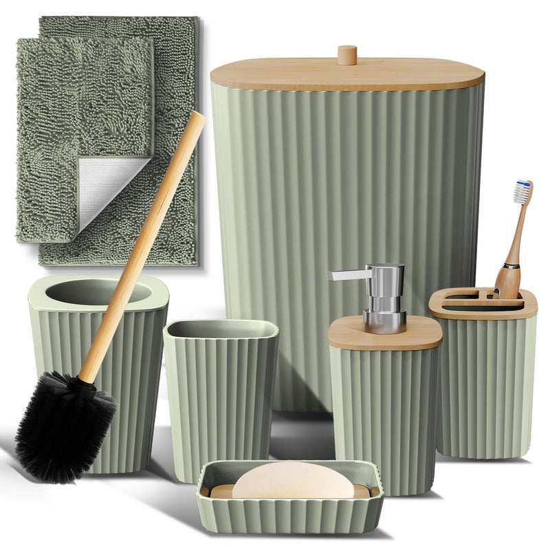 Clara Clark Bathroom Set - Sage Green Bathroom Accessories Set, 6PC Bathroom Accessory Set, Bathroom Sets with Bathroom Rugs, Toilet Brush, Trash Can & Soap Dispenser - Image 1