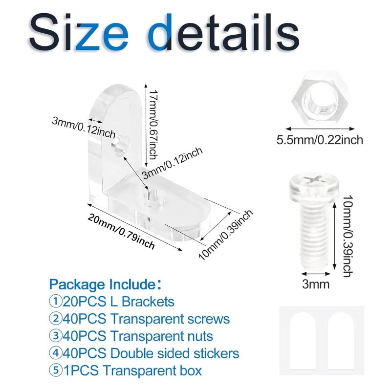 INCREWAY L Brackets Transparent 20Pcs Clear Acrylic Corner Bracket 90 Degree Support Shelf Corner Brace Right Angle Bracket - Image 2