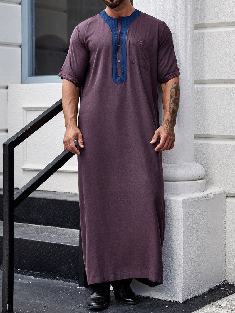 Men's Long Robe with Loose Fit, Round Neck, Short Sleeves - Image 4