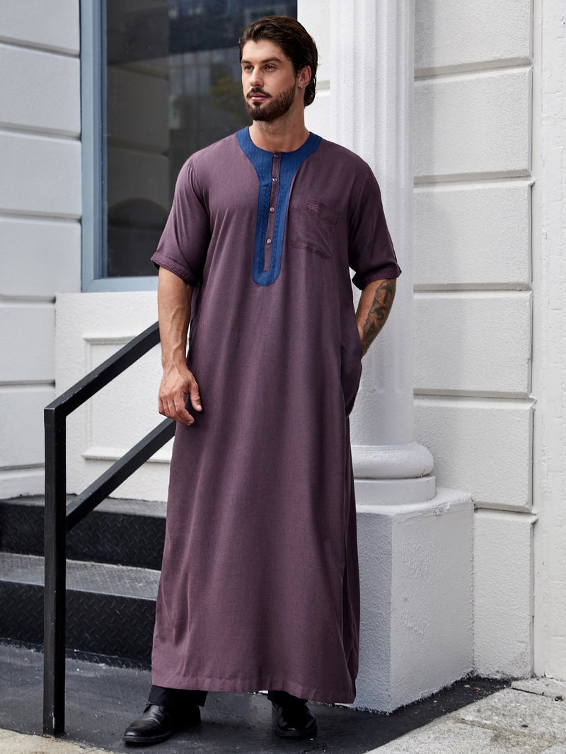 Men's Long Robe with Loose Fit, Round Neck, Short Sleeves - Image 5