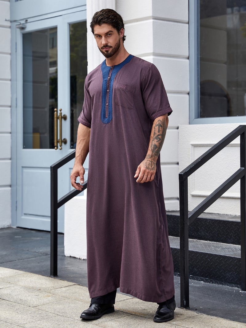 Men's Long Robe with Loose Fit, Round Neck, Short Sleeves - Image 1
