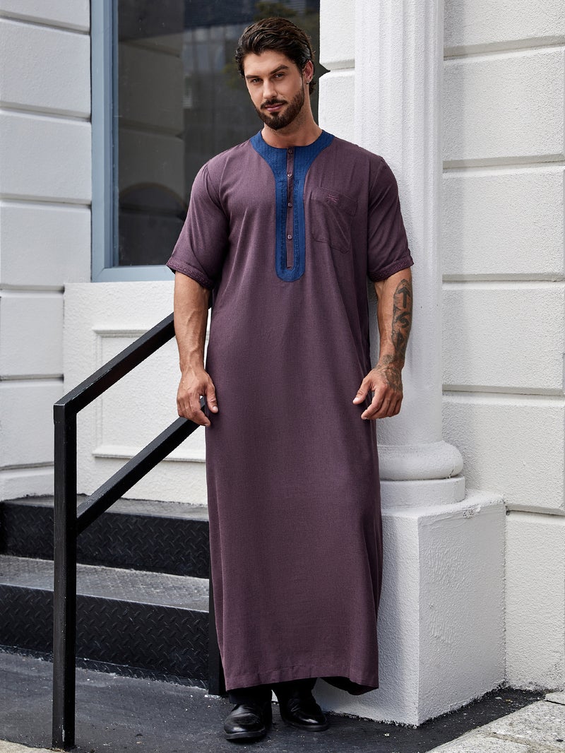 Men's Long Robe with Loose Fit, Round Neck, Short Sleeves - Image 2