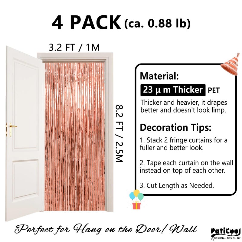 PatiCool Thicken Rose Gold Streamers 4 Pack 3.2 x 8.2 FT, Tinsel Backdrop Curtains, Birthday Decorations for Women Girls, Foil Fringe Photo Backdrop for Bridal Shower, Baby Shower Party Decorations - Image 2