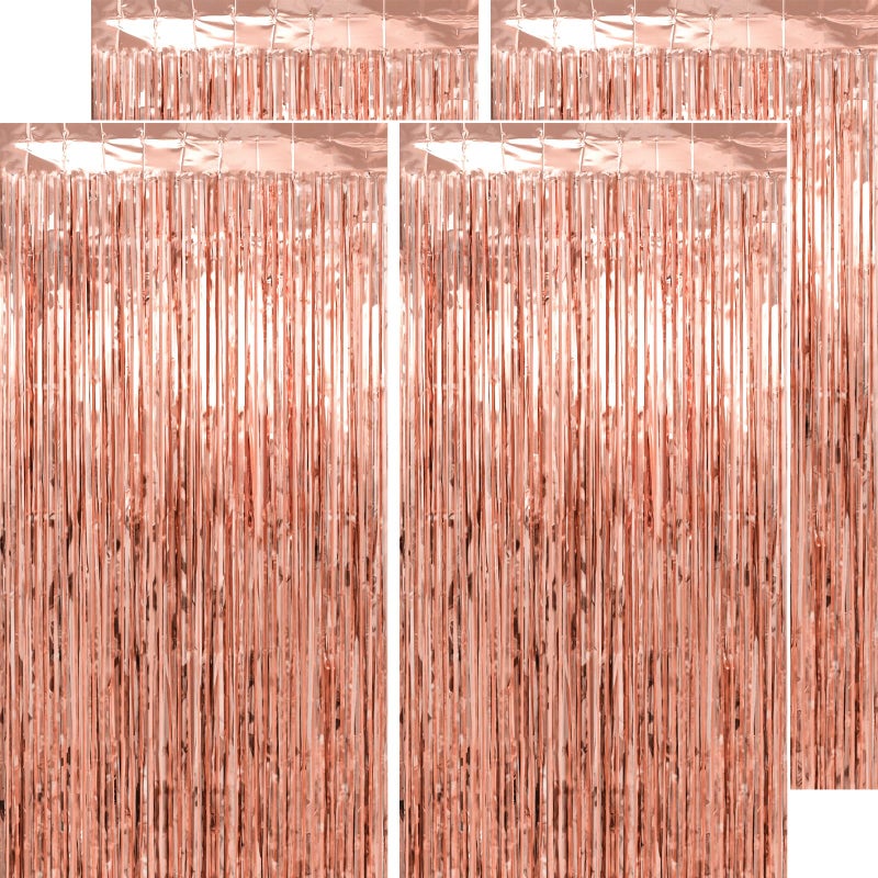 PatiCool Thicken Rose Gold Streamers 4 Pack 3.2 x 8.2 FT, Tinsel Backdrop Curtains, Birthday Decorations for Women Girls, Foil Fringe Photo Backdrop for Bridal Shower, Baby Shower Party Decorations - Image 1