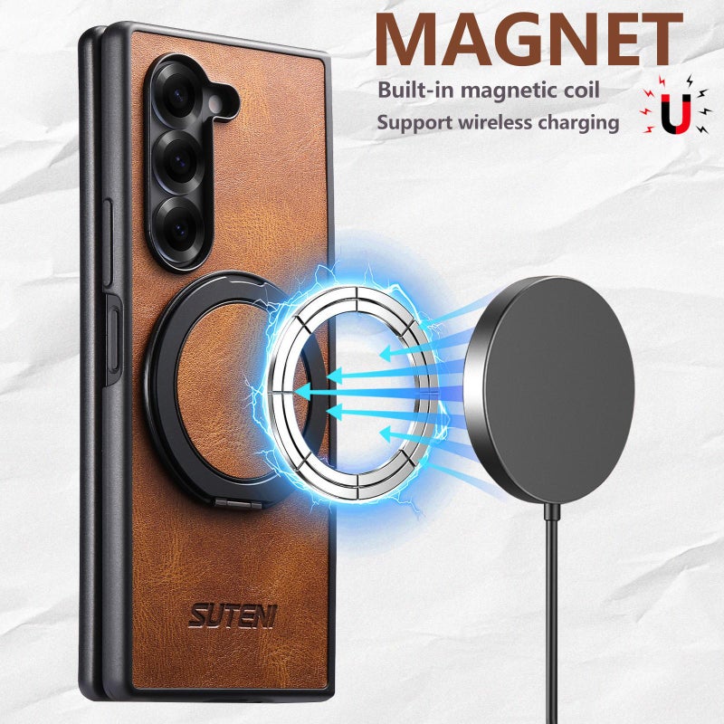 Suteni For Samsung Galaxy Z Fold7 5G G3 Oil Wax 360 Rotation Holder Magsafe Back Phone Case(Brown) - Image 2