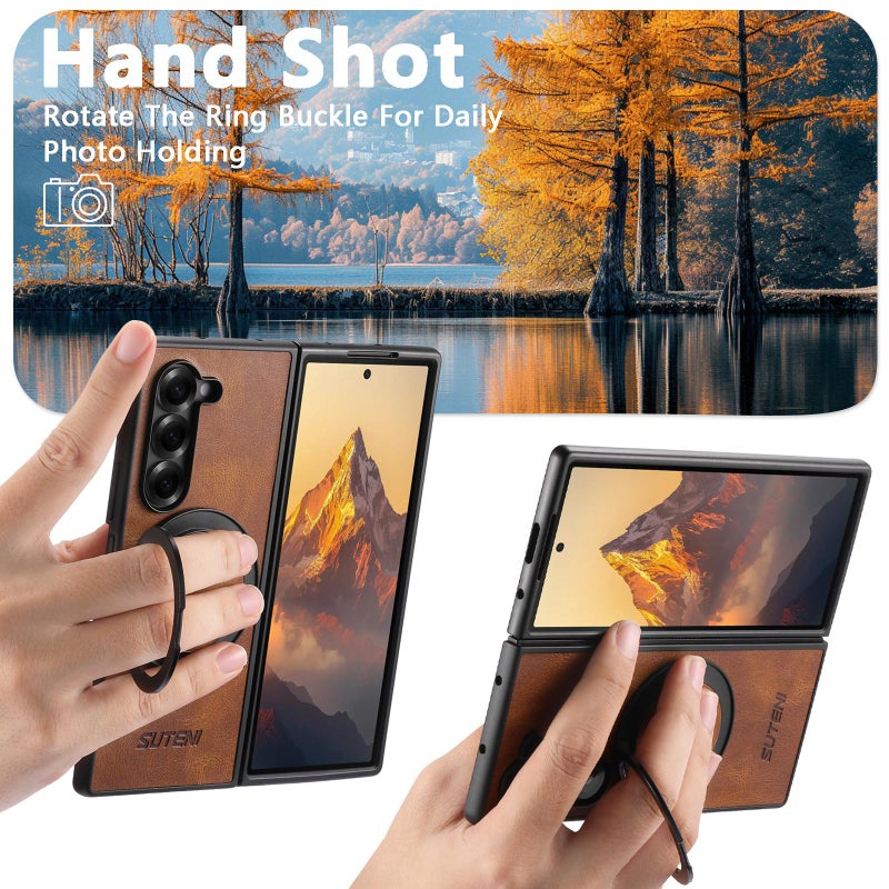 Suteni For Samsung Galaxy Z Fold7 5G G3 Oil Wax 360 Rotation Holder Magsafe Back Phone Case(Brown) - Image 3