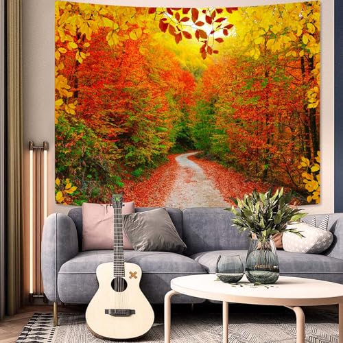 AMM Autumn Forest Tapestry Nature Fall Tree Thanksgiving Tapestry for Bedroom Aesthetic Autumn Path Yellow Red Fallen Leaves Landscape Tapestries Wall Hanging for Living Room Dorm 80 x 60 Inch - Image 4