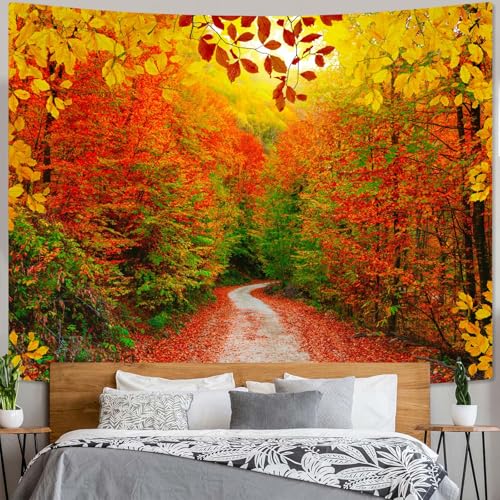 AMM Autumn Forest Tapestry Nature Fall Tree Thanksgiving Tapestry for Bedroom Aesthetic Autumn Path Yellow Red Fallen Leaves Landscape Tapestries Wall Hanging for Living Room Dorm 80 x 60 Inch - Image 3