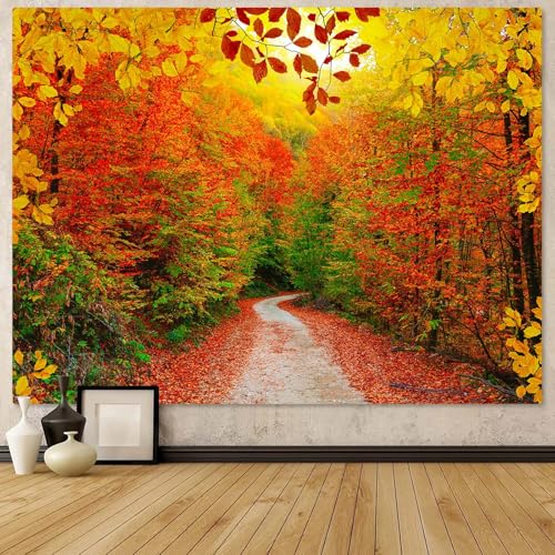 AMM Autumn Forest Tapestry Nature Fall Tree Thanksgiving Tapestry for Bedroom Aesthetic Autumn Path Yellow Red Fallen Leaves Landscape Tapestries Wall Hanging for Living Room Dorm 80 x 60 Inch - Image 1