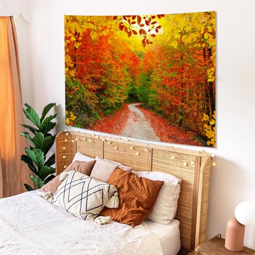 AMM Autumn Forest Tapestry Nature Fall Tree Thanksgiving Tapestry for Bedroom Aesthetic Autumn Path Yellow Red Fallen Leaves Landscape Tapestries Wall Hanging for Living Room Dorm 80 x 60 Inch - Image 5