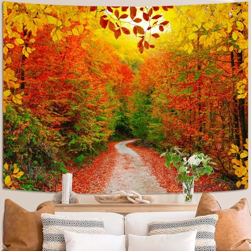AMM Autumn Forest Tapestry Nature Fall Tree Thanksgiving Tapestry for Bedroom Aesthetic Autumn Path Yellow Red Fallen Leaves Landscape Tapestries Wall Hanging for Living Room Dorm 80 x 60 Inch - Image 2