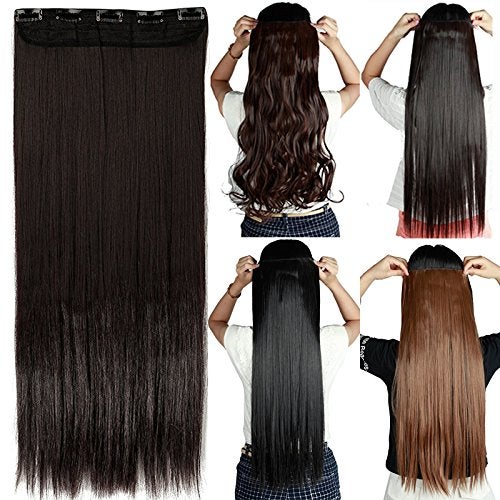 S-noilite 26" Straight Curly 3/4 Full Head One Piece 5clips Clip in Hair Extensions Long Poplar Style for Women Gifts 22colors (26" - Straight, dark brown)