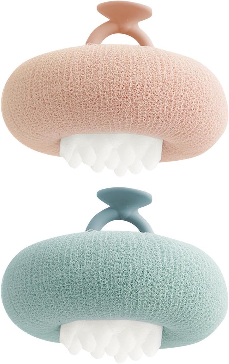 EMVANV 2 PCs Sunflower Bath Ball,Suction Cup Shower Ball 2-in-1 Bath Ball Sponge Mesh Pouf Shower Ball for Women, Men Shower Exfoliation(Pink+Cyan)
