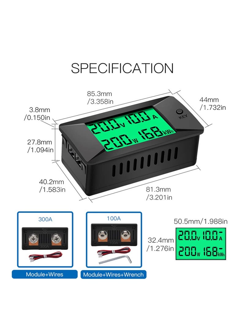 SYOSI DC Multifunction Battery Monitor Meter, Digital Current Voltage Meter Solar Power Meter Multimeter Ammeter Voltmeter Voltage Current Detection 0-300V,0-100A Built-in Shunt for 12V/24V/48V Battery - Image 5