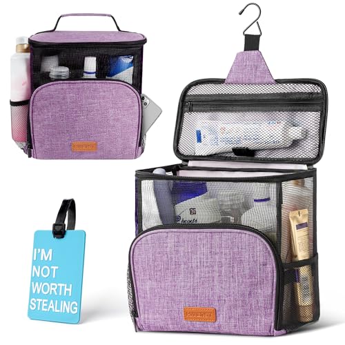 Hiverst Hanging Toiletry Bag Shower Caddy Tote Bag Updated Version Full Size Bottle Compatible Bath Organizer for College Dorms Gym Camp Women Men with Funny Luggage Tag - Image 1