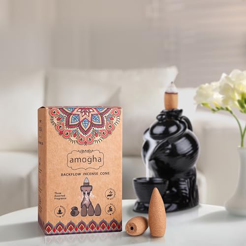 Amogha Backflow Incense Cones | Pack of 40 | Long-Lasting Aromatic Cones for Meditation, Relaxation & Rejuvenation | 3 Fragrances | Stress Relief & Air Purification | Home & Office Use. - Image 1