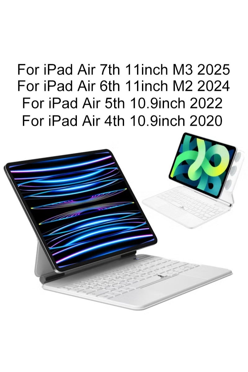 روك بو حافظة لوحة مفاتيح سحرية باللغة العربية والإنجليزية لجهاز iPad Air 11 بوصة M3 2025/حافظة لجهاز iPad Air 11 بوصة M2 2024 وiPad Air5 10.9 بوصة 2022/Air4 10.9 بوصة 2020 مع غطاء خلفي مغناطيسي ولوحة تتبع ذكية بإضاءة خلفية لجهاز Air 11(A3266 A3267 A3270)(A2902 A2903 A2904)Air 10.9(A2589 A2591 A2588)(A2316 A2324 A2325 A2072) أبيض - Image 1