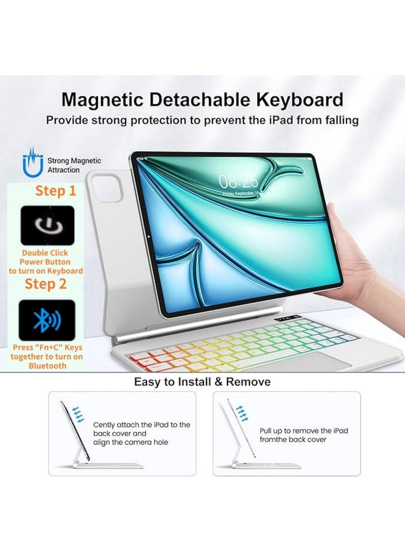 Rock Pow 【Arabic English】Magic Keyboard Case for iPad Air 11 inch M4/M3/M2 (2026/2025/2024) & iPad Air 5th/4th 10.9 inch (2022/2020) & iPad Pro 11 inch (1st/2nd/3rd/4th Gen) (2022-2018), Keyboard Case with Magnetic Stand, 7-Color Backlight Multi-Touch Trackpad for for 11" iPad Air 6th/7th/8th,10.9" iPad Air 4th/5th Gen and iPad Pro 11" (1st/2nd/3rd/4th), White - Image 3
