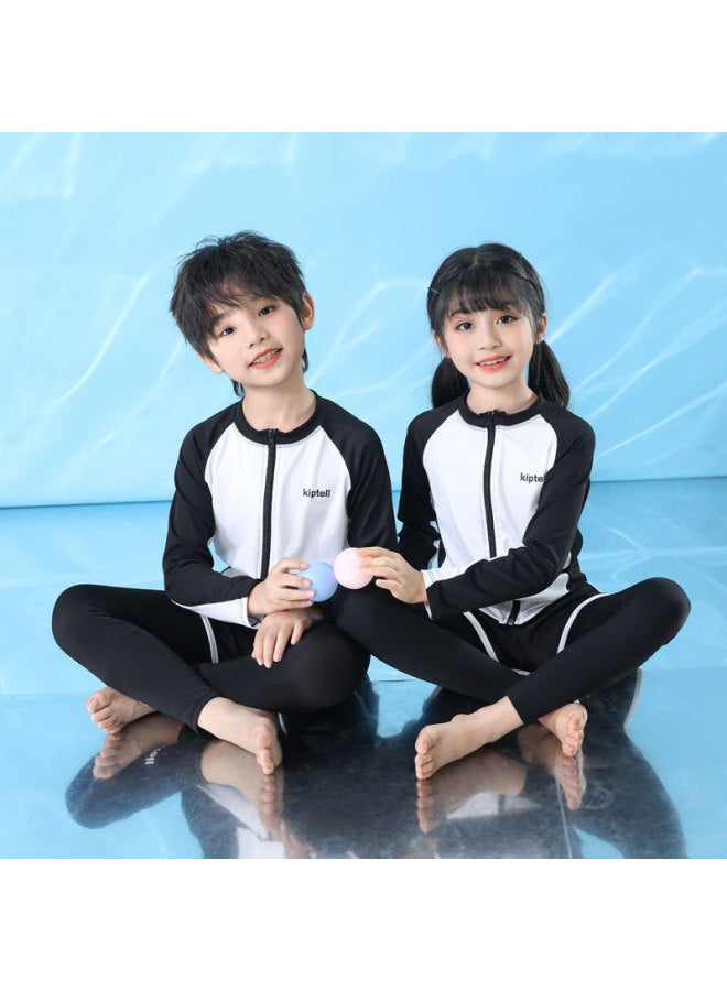 Children's Swimsuit Long-sleeved Trousers Sunscreen Swimsuit For Men And Women And Big Children Split Surfer Suit Parent-child Zipper Quick-drying Wetsuit-Color:Boy White- - Image 3