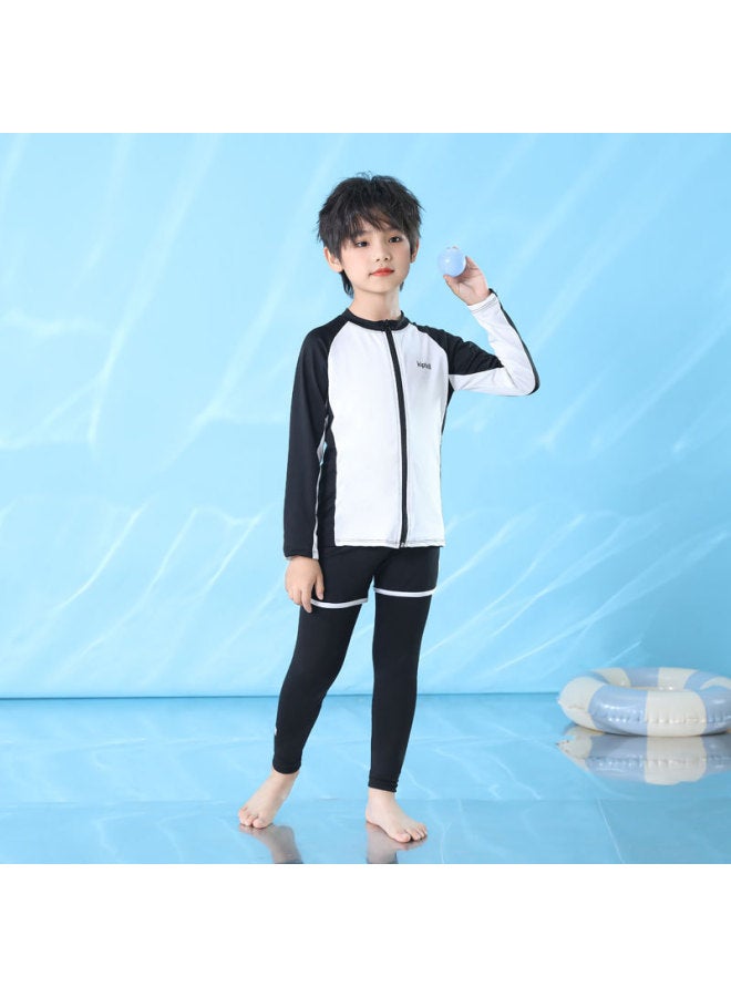 Children's Swimsuit Long-sleeved Trousers Sunscreen Swimsuit For Men And Women And Big Children Split Surfer Suit Parent-child Zipper Quick-drying Wetsuit-Color:Boy White- - Image 1