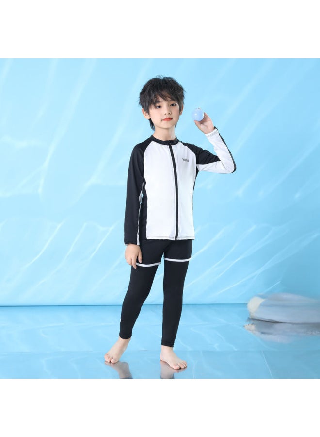 Children's Swimsuit Long-sleeved Trousers Sunscreen Swimsuit For Men And Women And Big Children Split Surfer Suit Parent-child Zipper Quick-drying Wetsuit-Color:Boy White- - Image 4