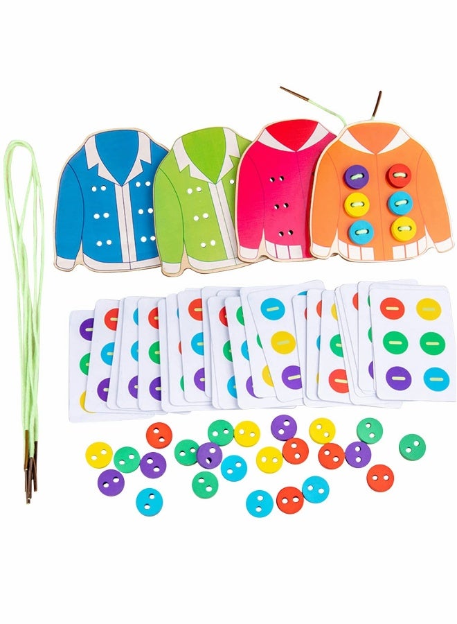 Clothes Lacing Toys, Wooden Toy Fine Motor Skill Threading Game for Kids Age 3 4 5 Years Toddler, Sewing Button Lacing Card Game, Preschool Early Development Educational Toy - Image 1